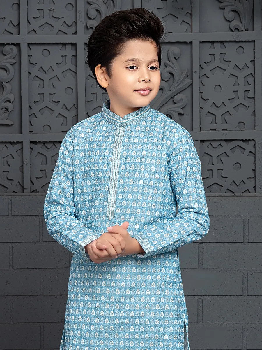Sky blue printed kurta suit in silk