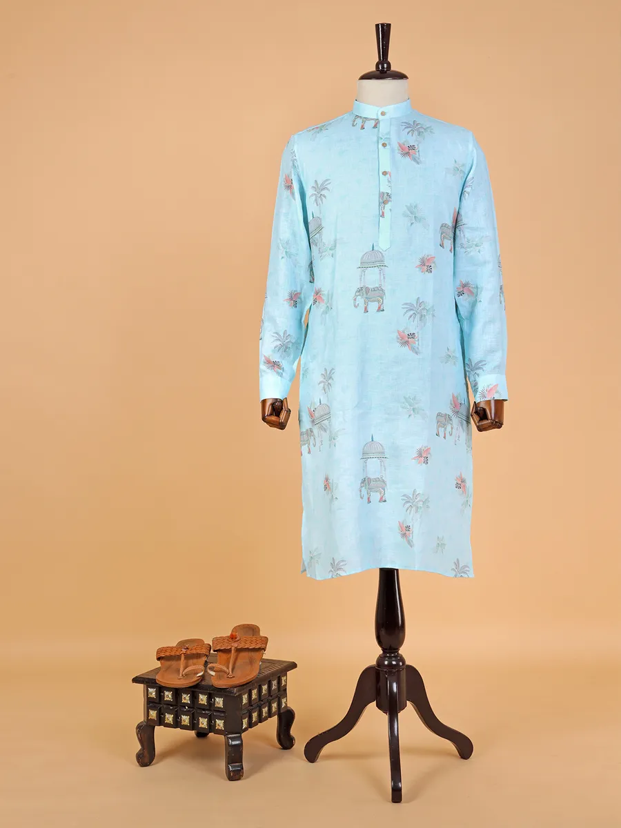 Sky blue printed linen kurta suit