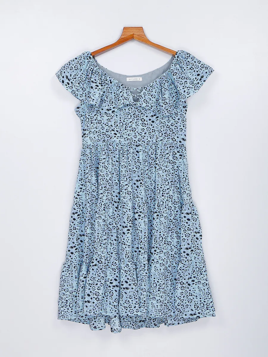 Sky blue printed polyester mini dress