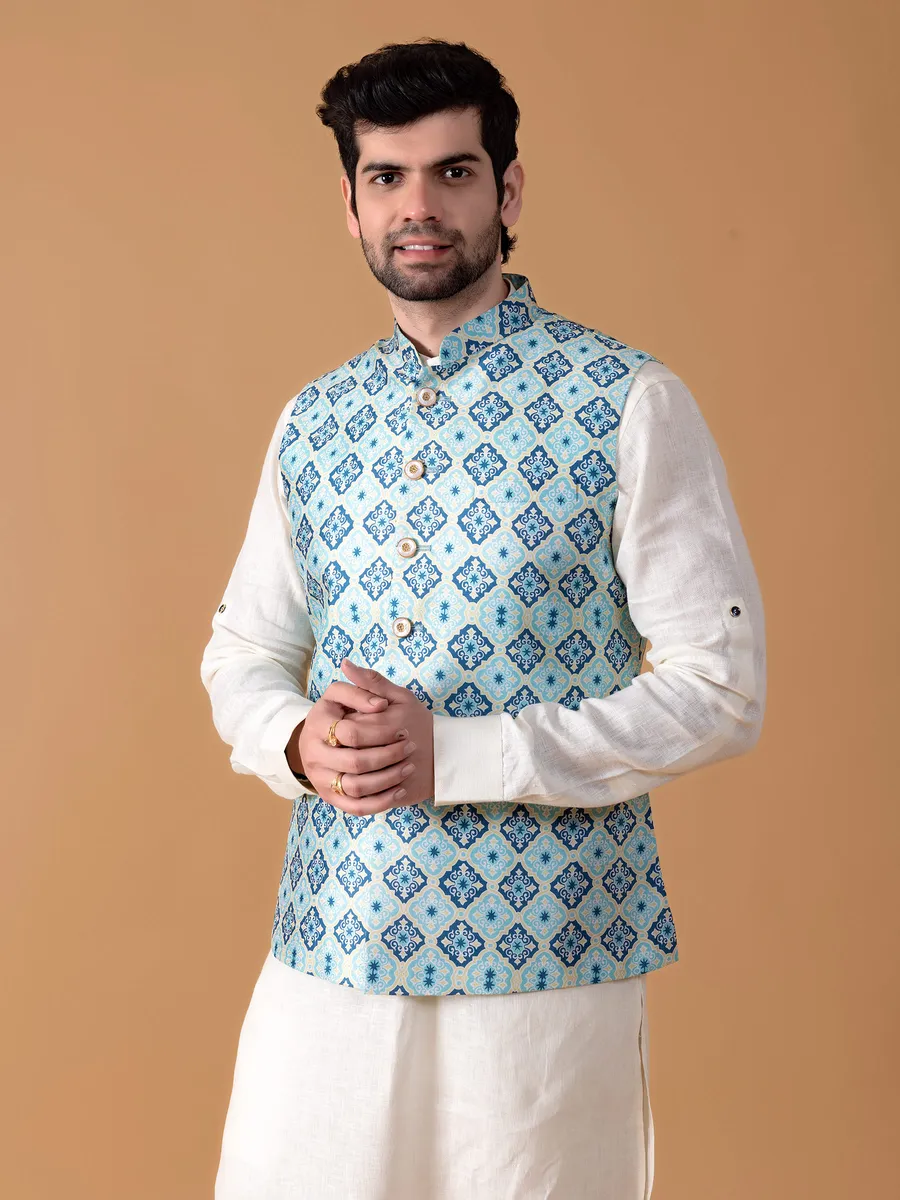 Sky blue printed waistcoat in silk