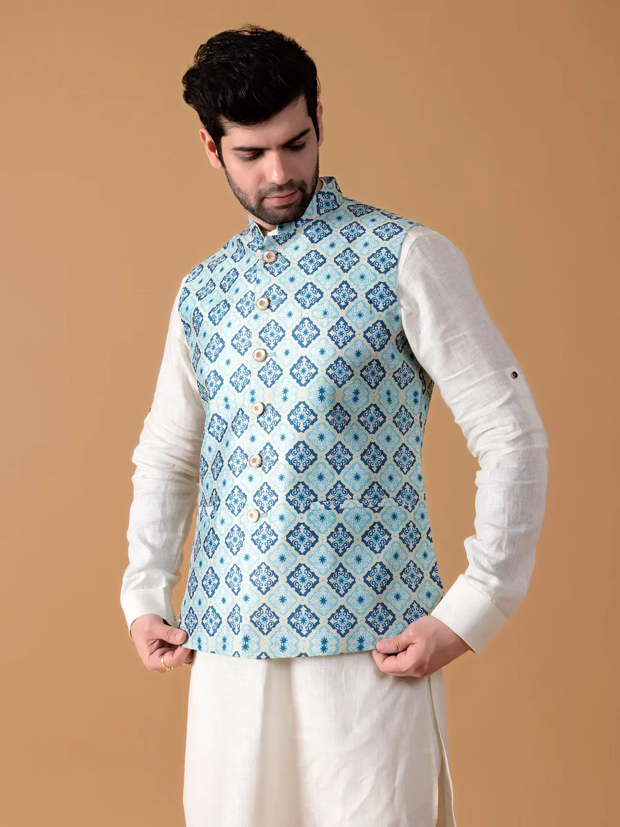 Sky blue printed waistcoat in silk