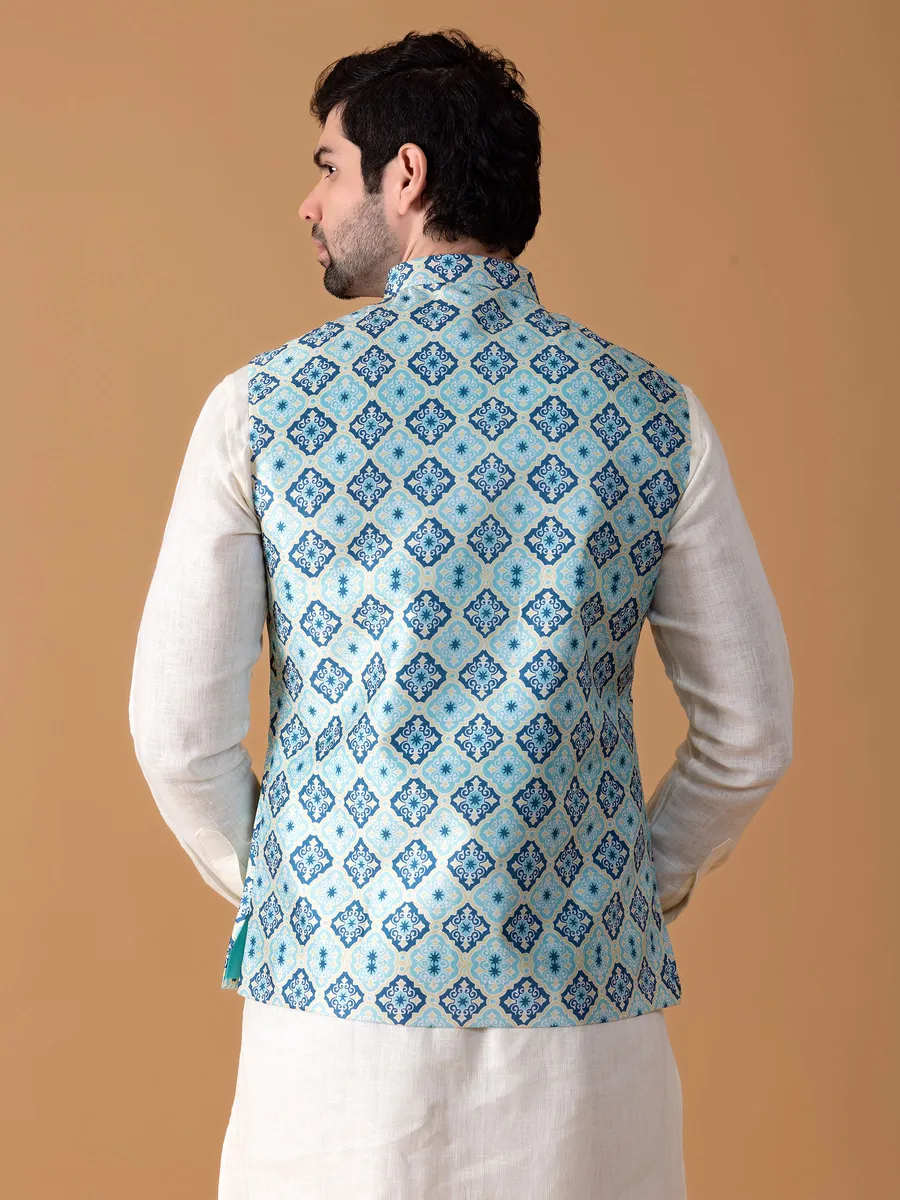 Sky blue printed waistcoat in silk
