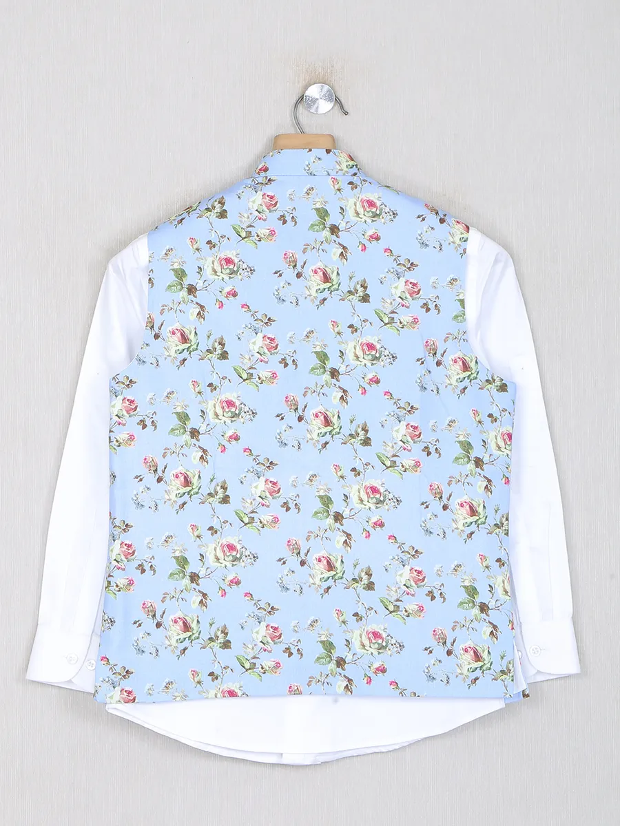 Sky blue printed waistcoat with shirt in cotton silk