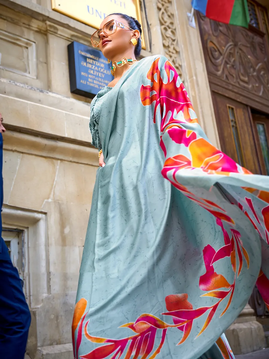 Sky blue satin crepe printed saree