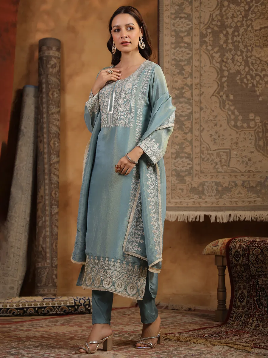 Sky blue silk kurti set for women