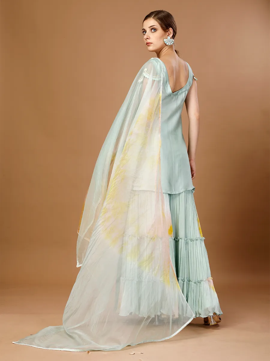 Sky blue tie-dye layered sharara suit