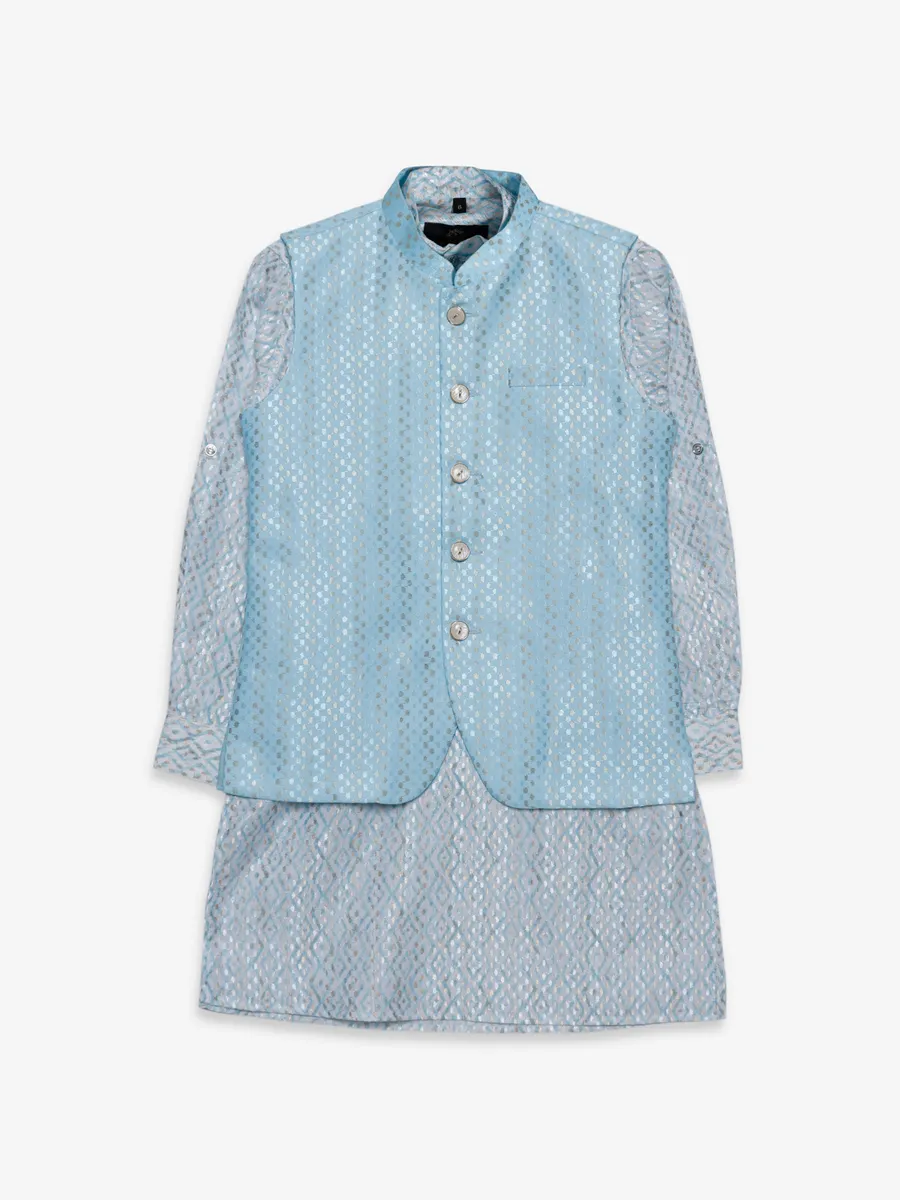 Sky blue zari woven waistcoat set in silk