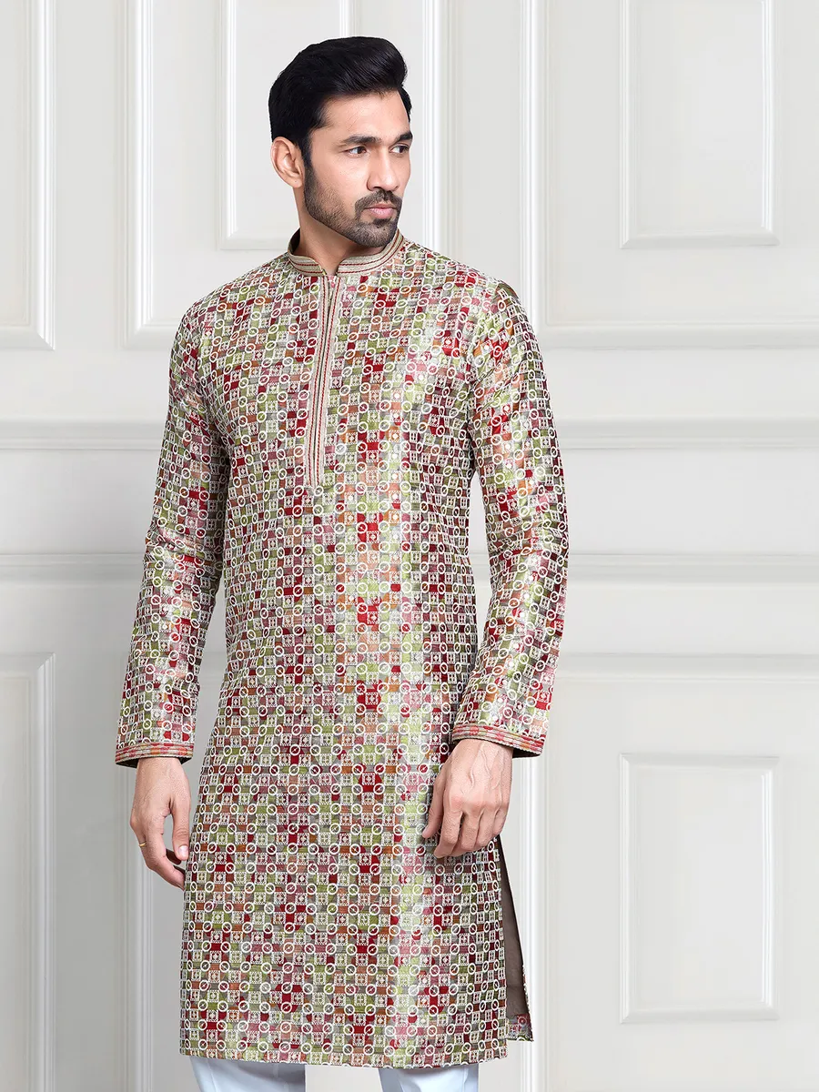 Smart grey silk printed  Men Kurta pajama