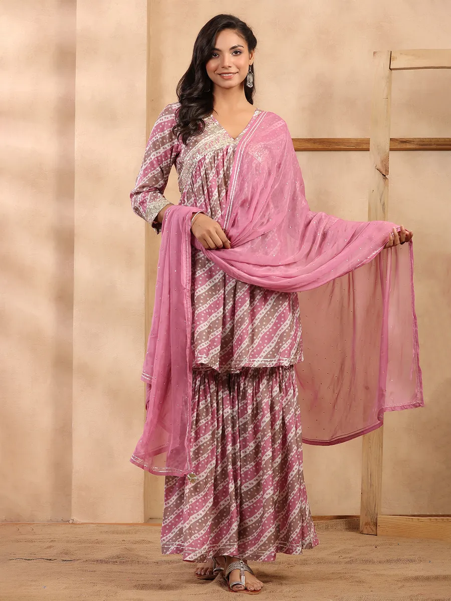 Soft silk printed pink sharara set