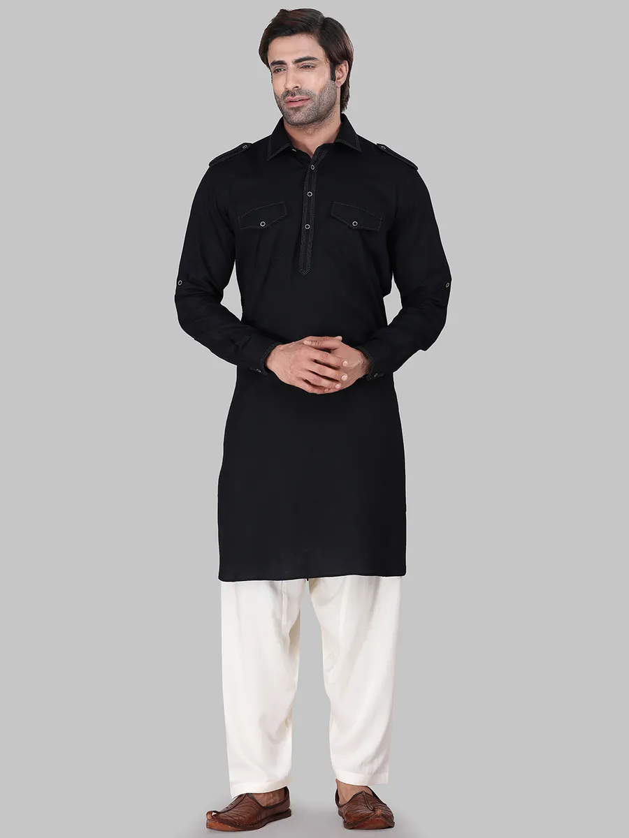 Solid black cotton rayon pathani suit