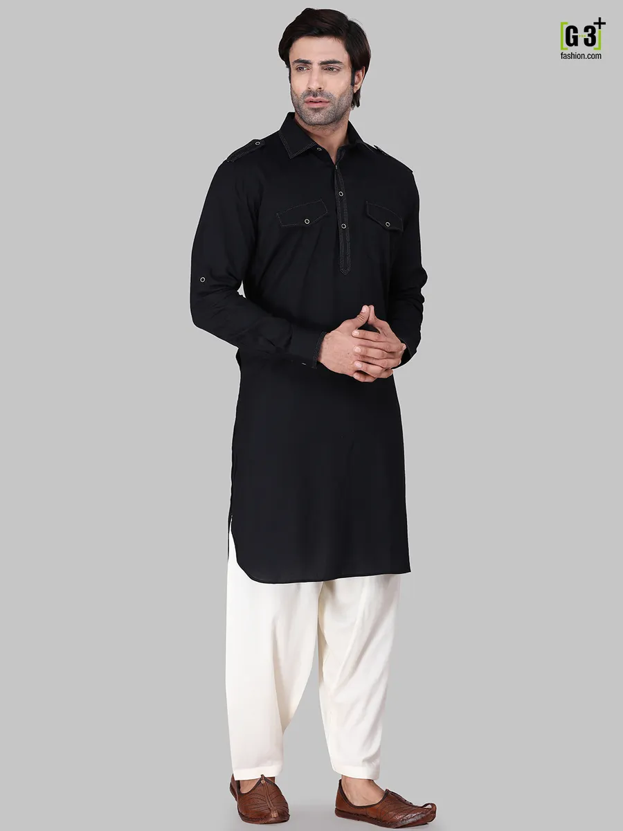 Solid black cotton rayon pathani suit