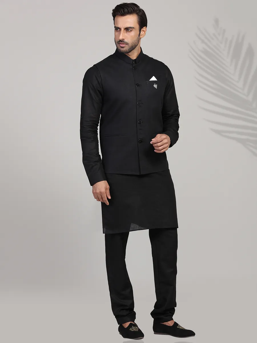 Solid black linen waistcoat set