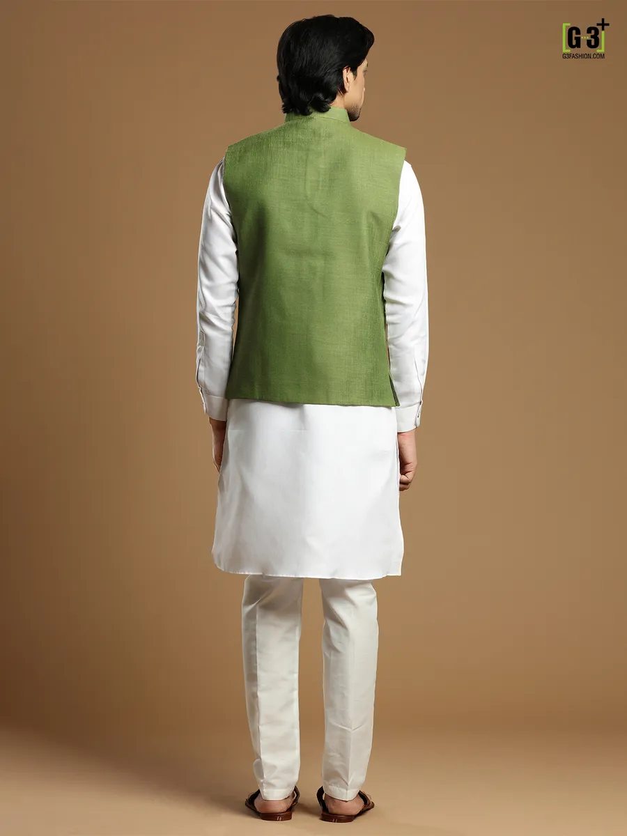 Solid cotton silk festive functions waistcoat set in moss green