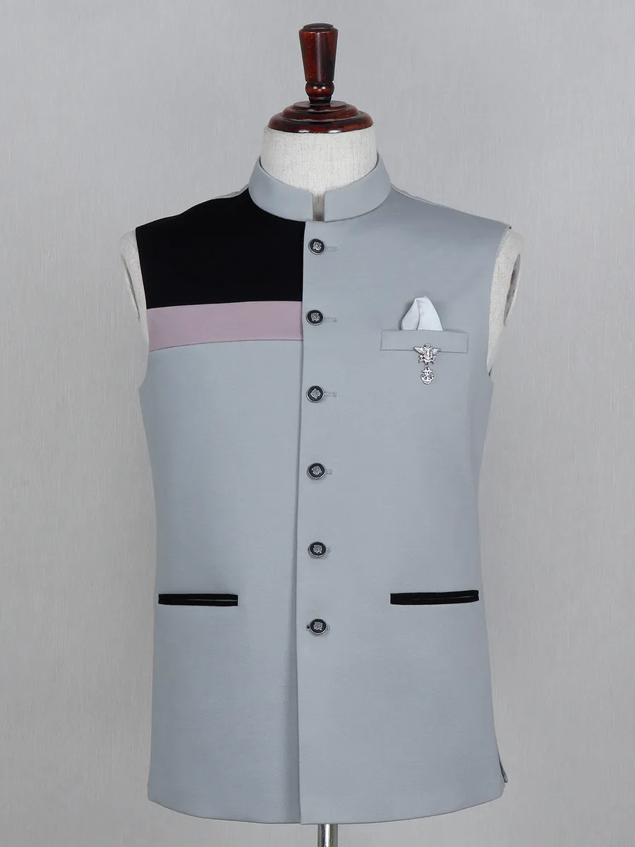 Solid grey cotton party wear mens waistcoat