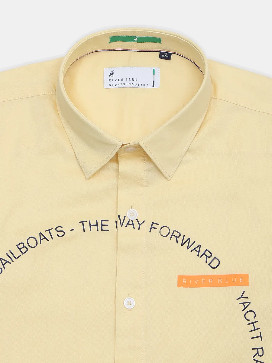 Solid lemon yellow casual cotton shirt for mens