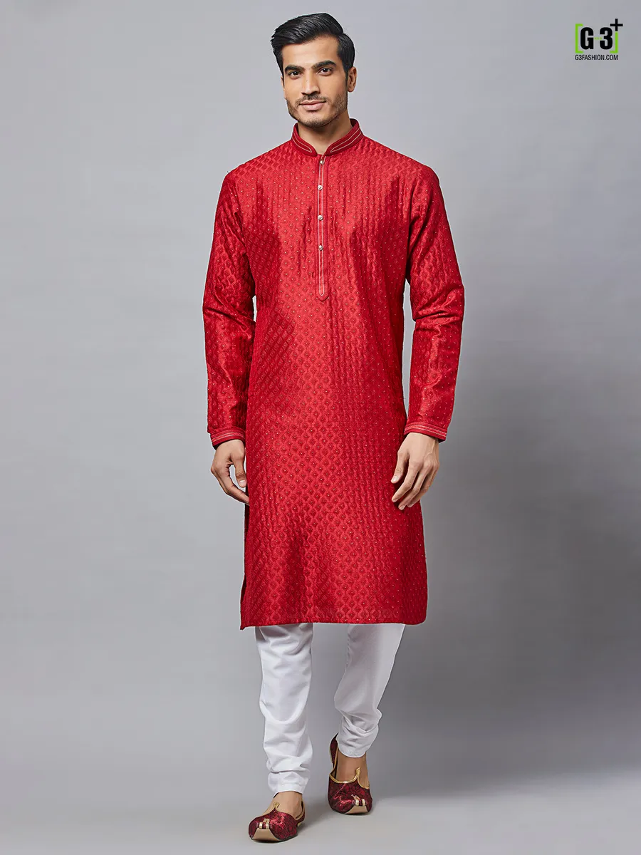 Solid maroon cotton festive wear kurta for mens