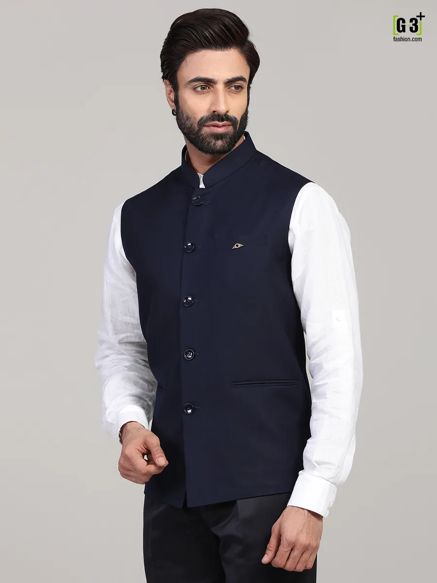 Solid navy terry rayon party wear waistcoat