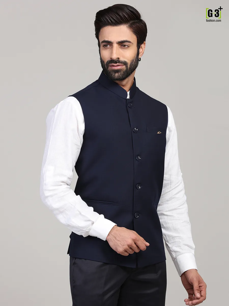 Solid navy terry rayon party wear waistcoat
