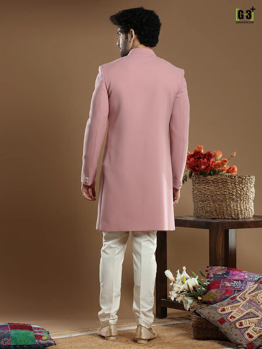 Solid pink hued terry rayon indo western for men
