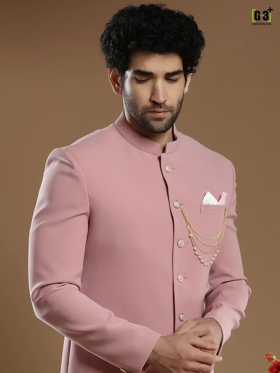 Solid pink hued terry rayon indo western for men