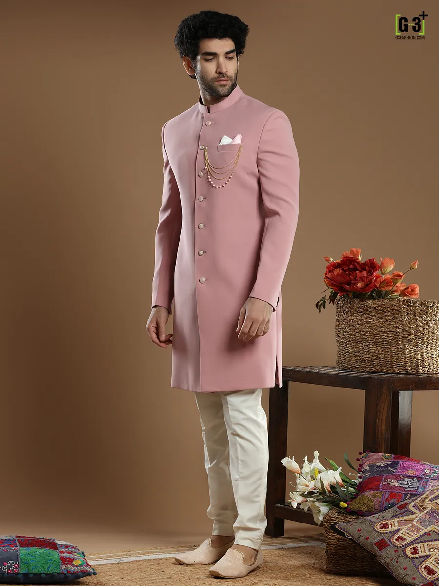 Solid pink hued terry rayon indo western for men