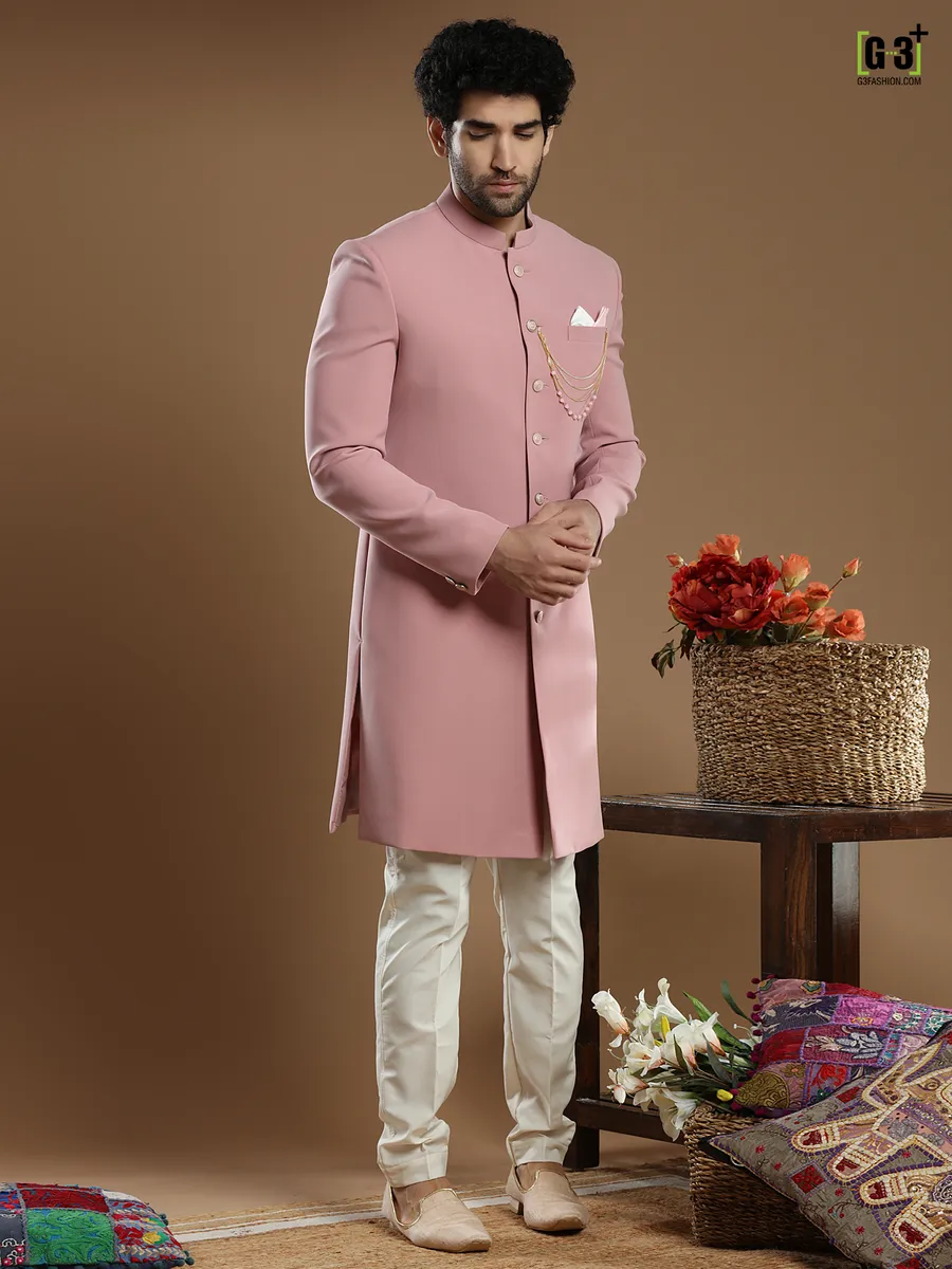 Solid pink hued terry rayon indo western for men