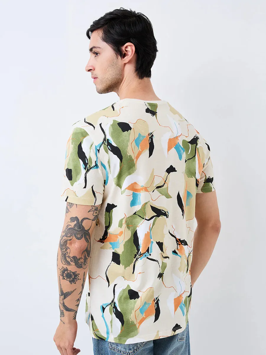 SPYKAR beige printed cotton t-shirt for men