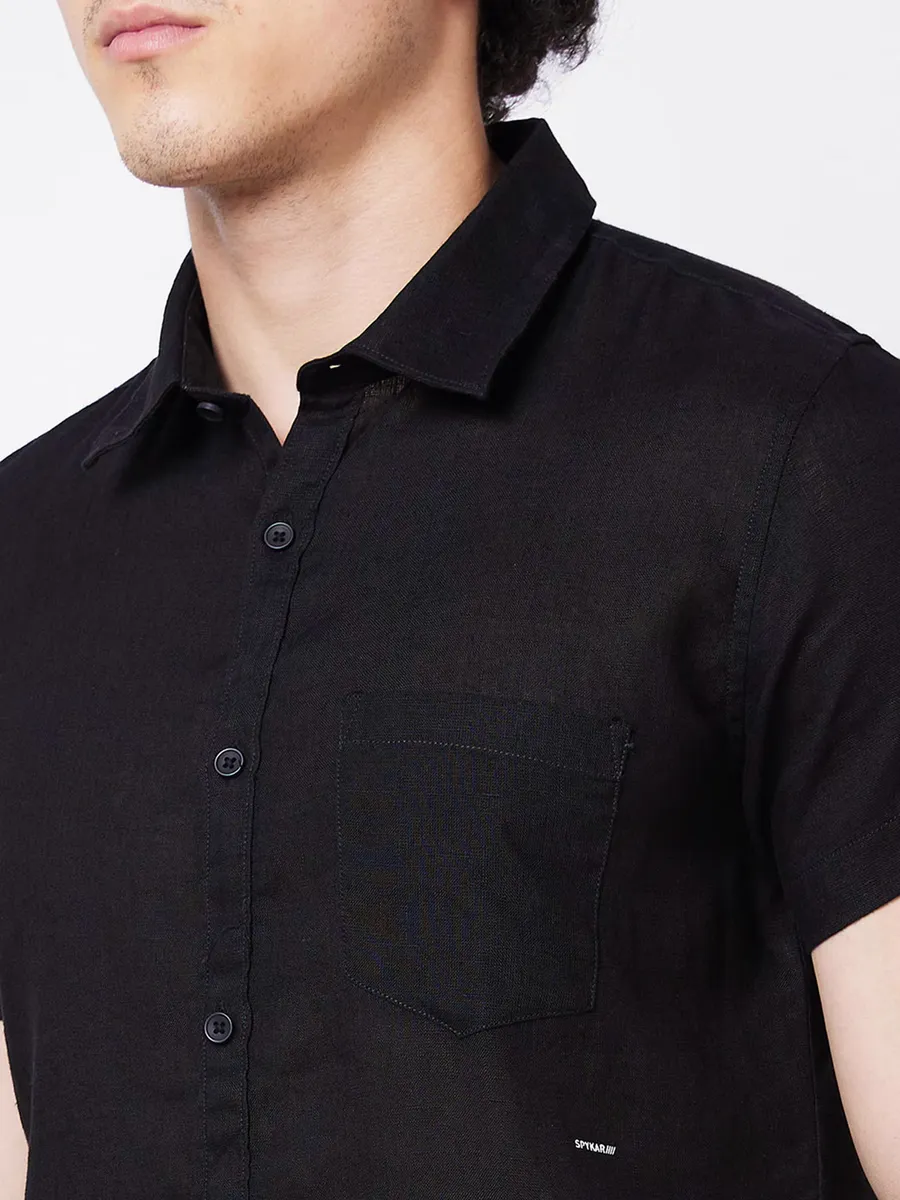 SPYKAR black plain linen shirt