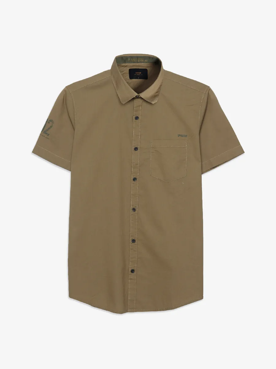 Spykar khaki cotton plain shirt