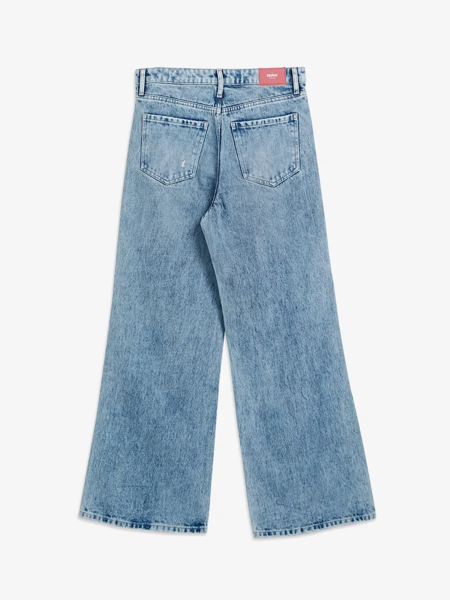 Spykar light blue ripped wide leg jeans