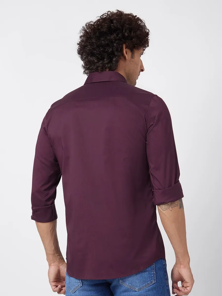 Spykar plain linen wine shirt