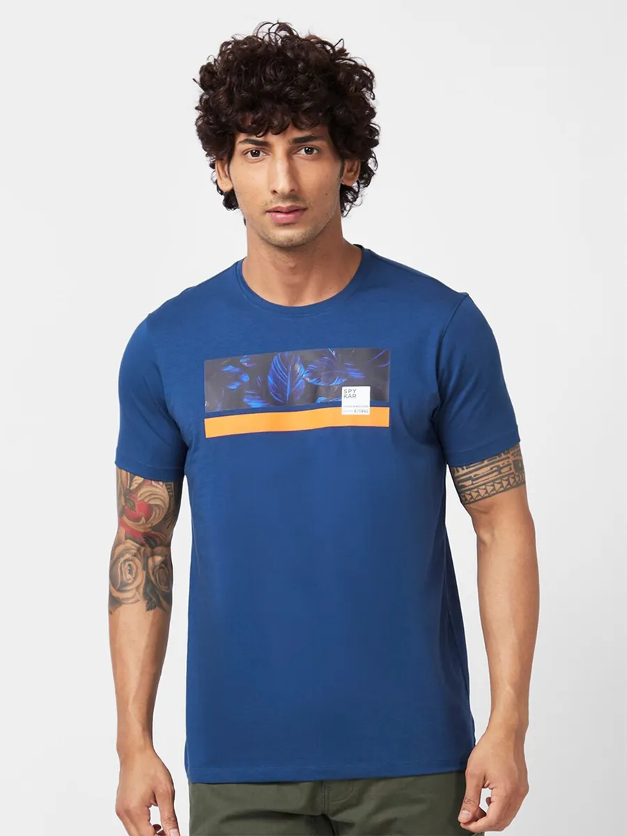 Spykar royal blue printed t shirt for casual