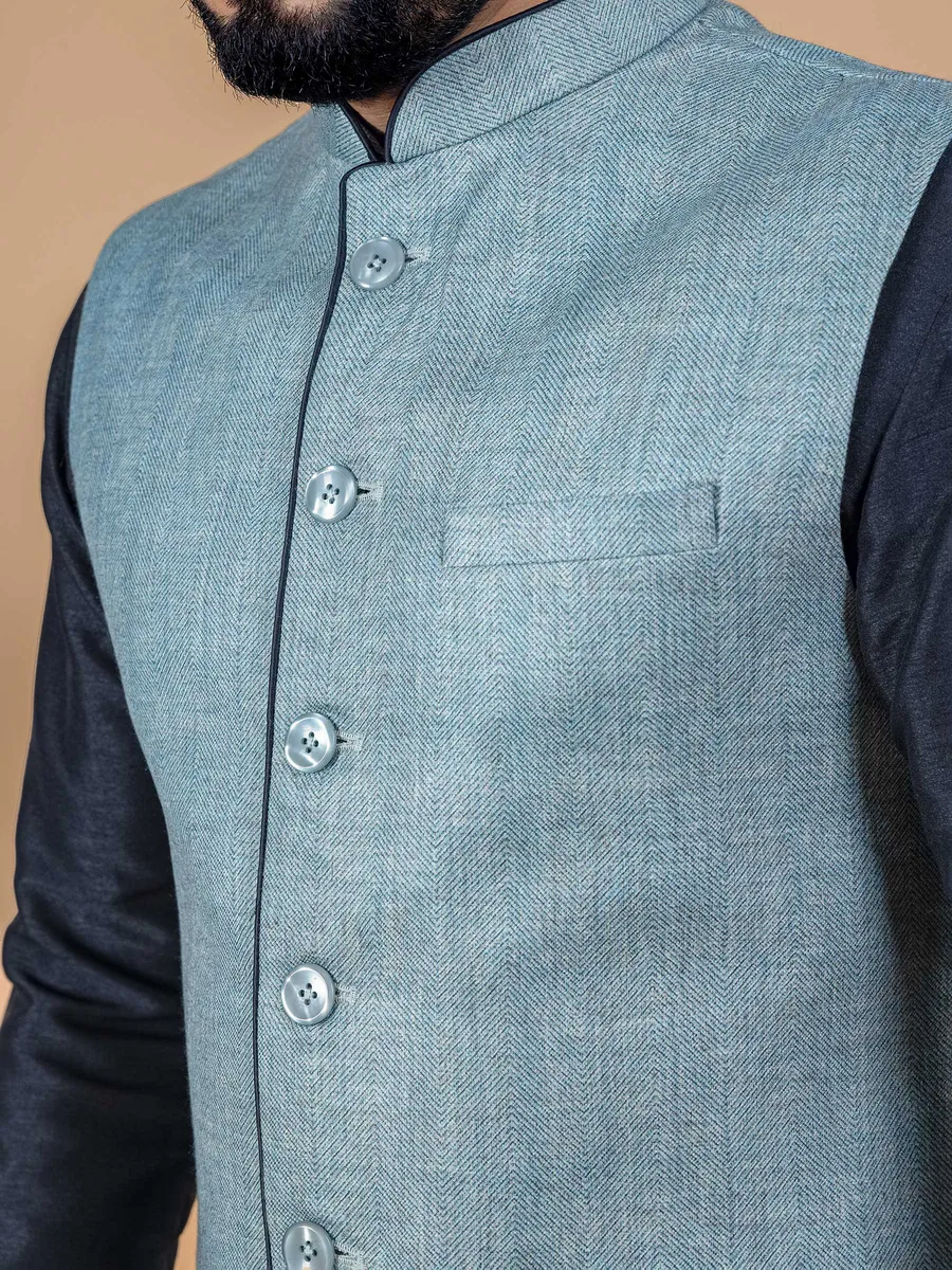 Stone blue jute silk waistcoat set