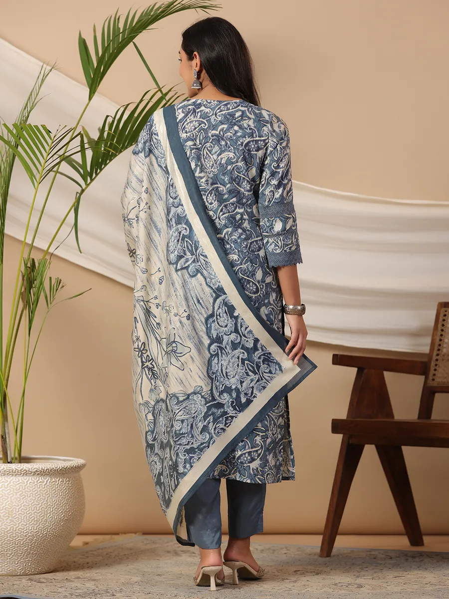 Stone blue printed kurti set in cotton