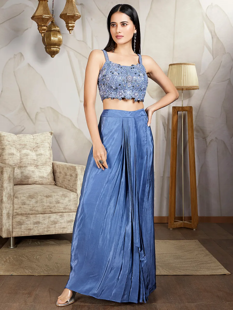Stone blue satin indowestern for party wear-G3-WSS42675 | United...