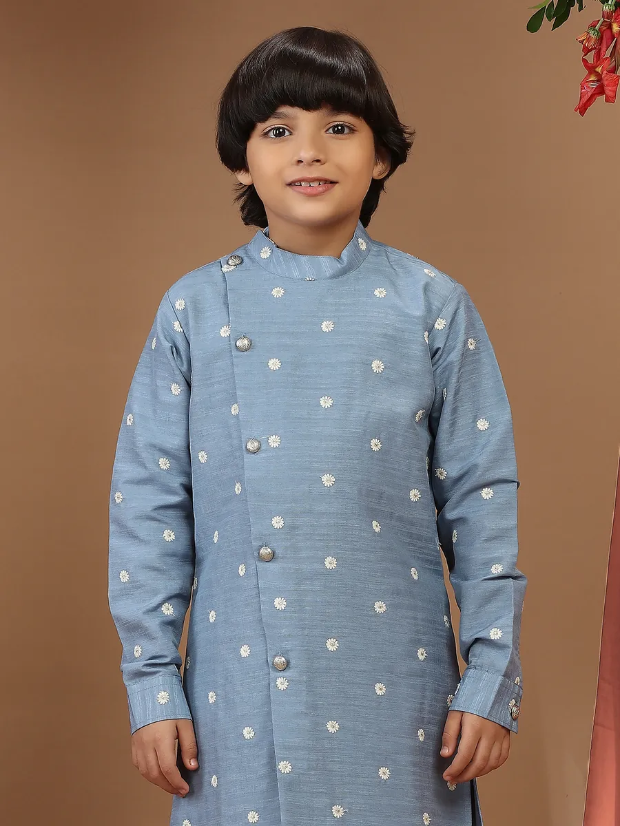 Stone blue silk kurta suit with resham work