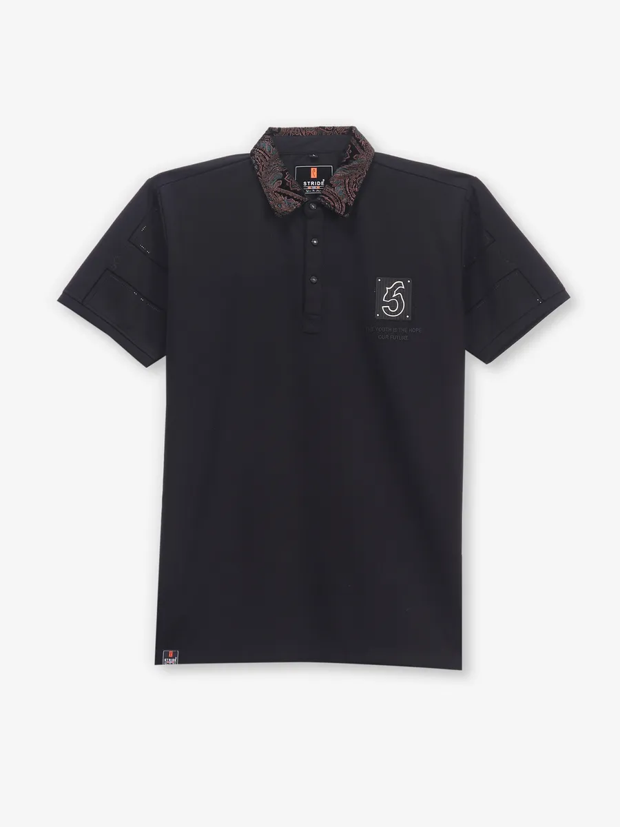 STRIDE plain black cotton polo t-shirt