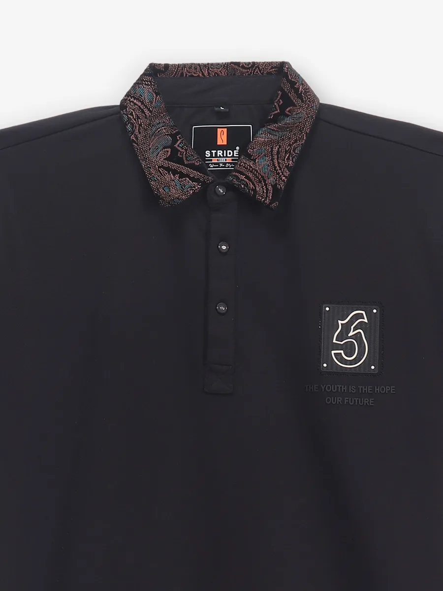 STRIDE plain black cotton polo t-shirt