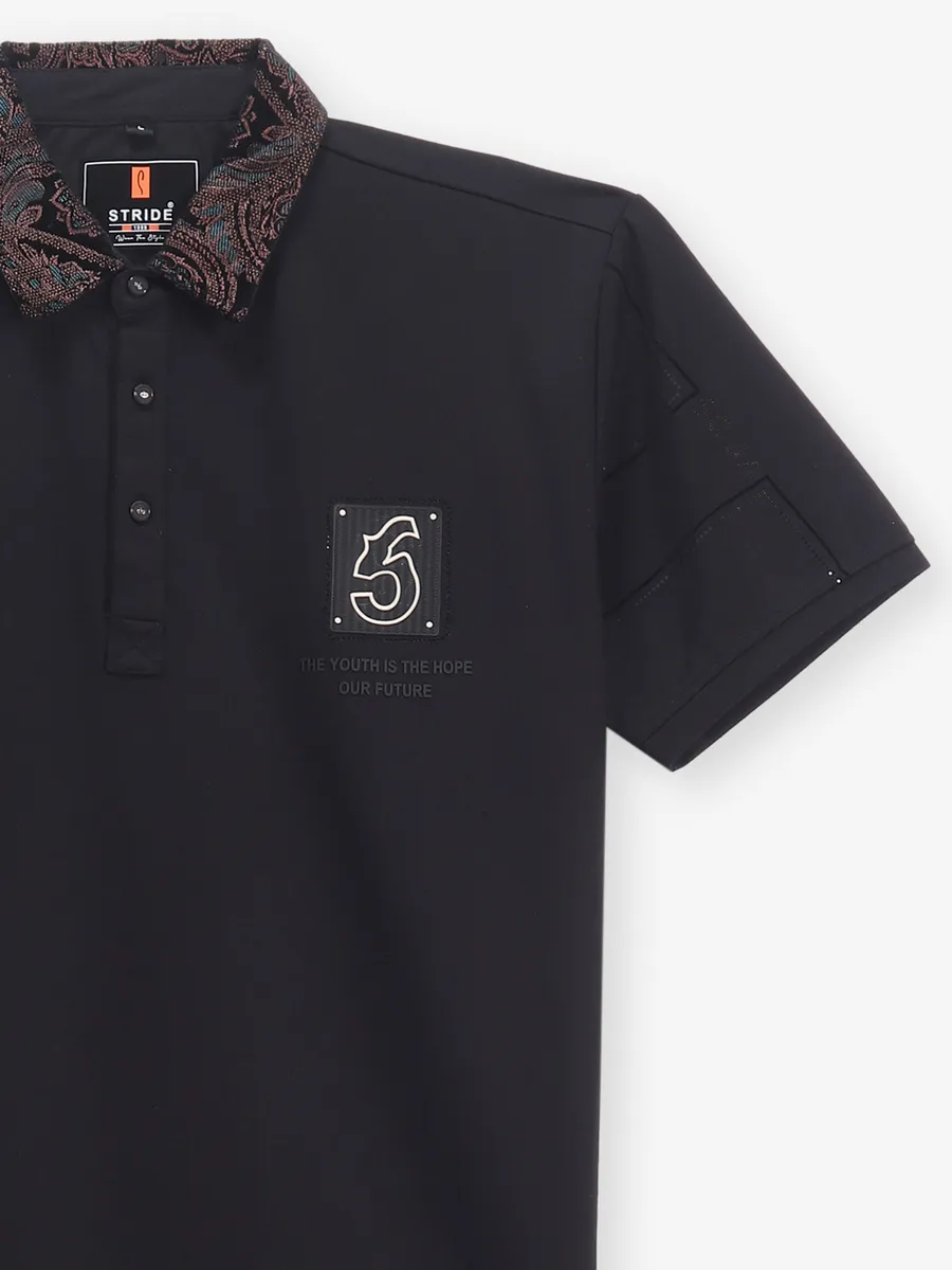 STRIDE plain black cotton polo t-shirt