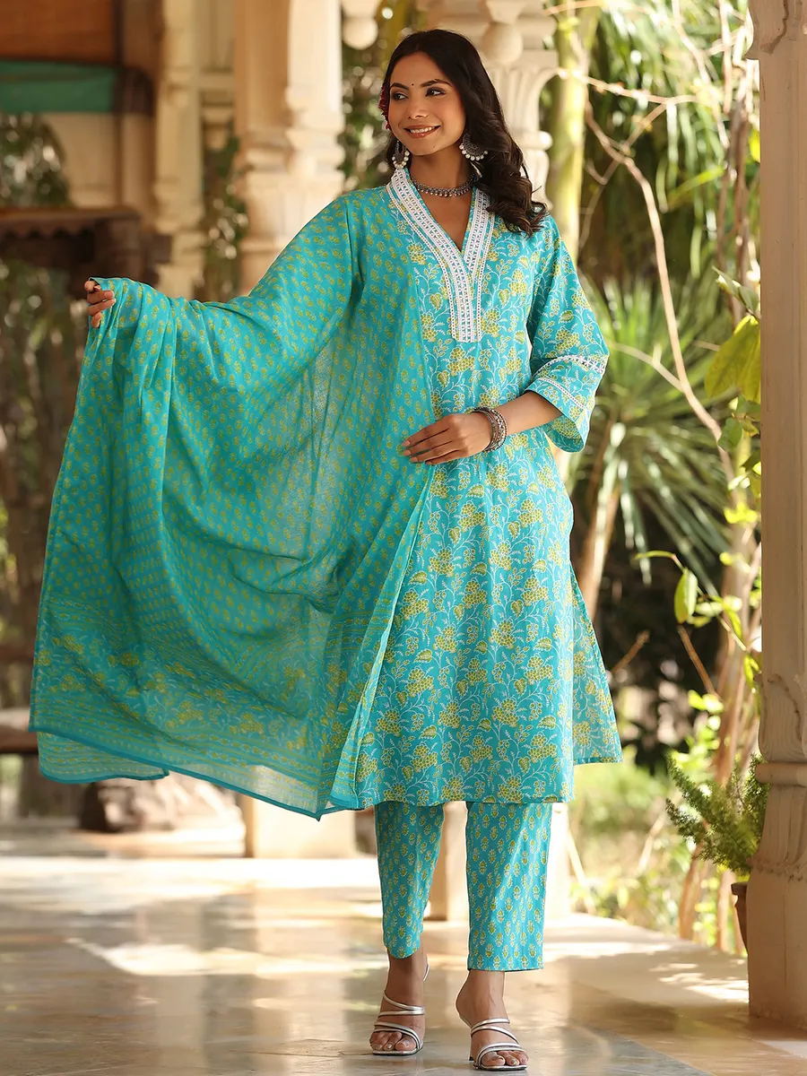 Stunning aqua cotton printed kurti set