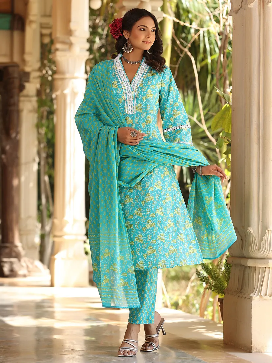 Stunning aqua cotton printed kurti set