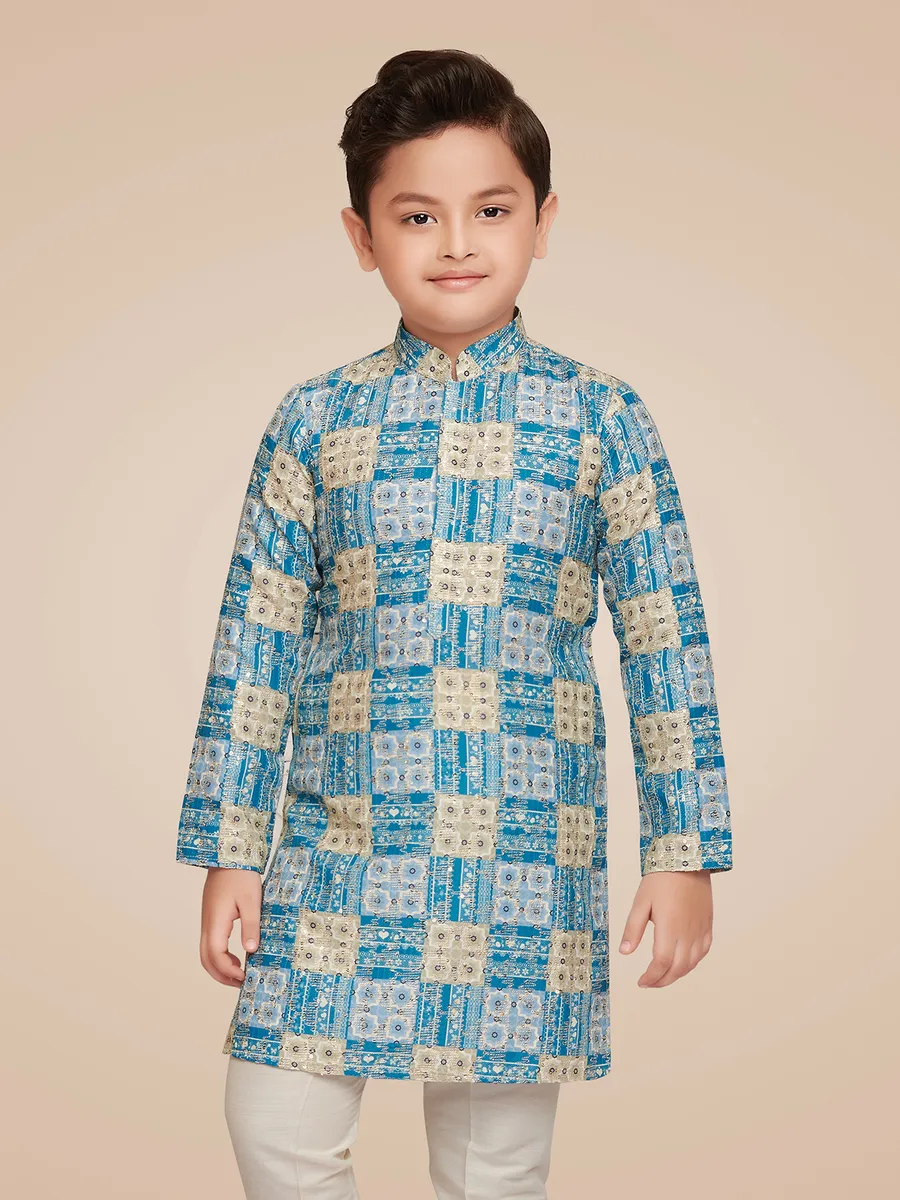 Stunning aqua silk printed kurta suit