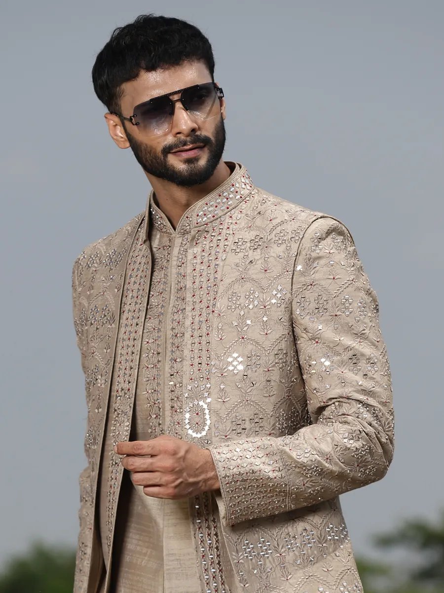 Stunning beige raw silk indowestern