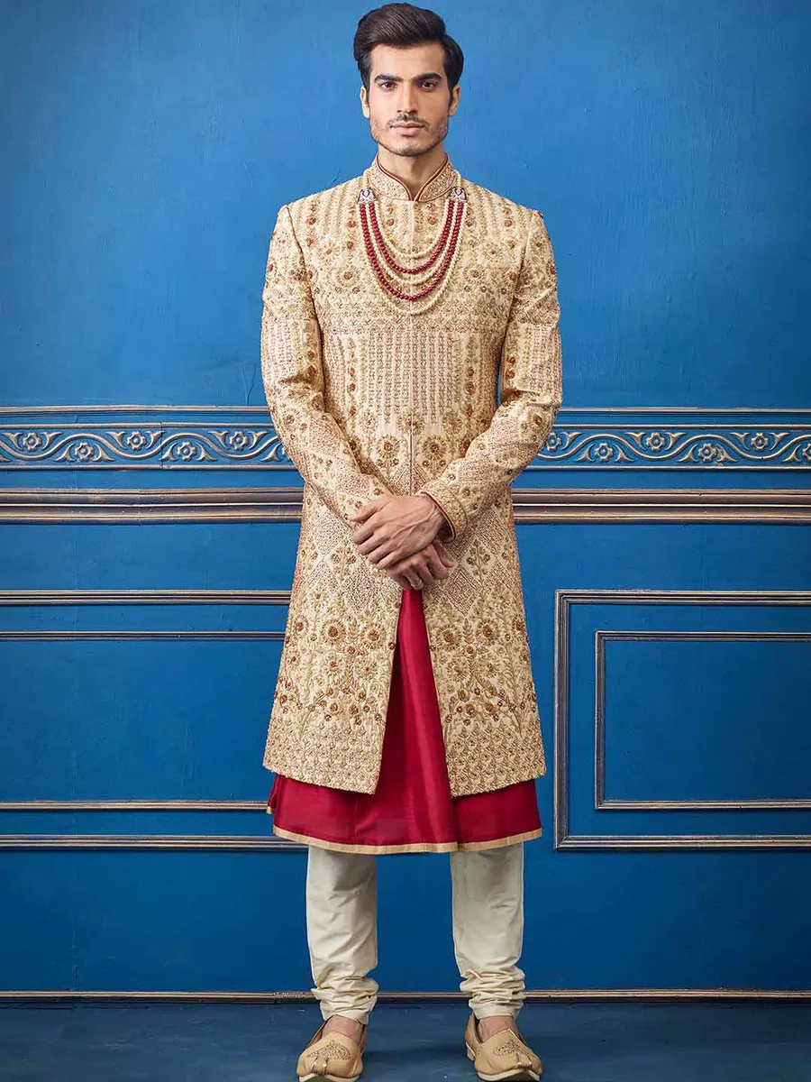 Stunning beige silk groom sherwani