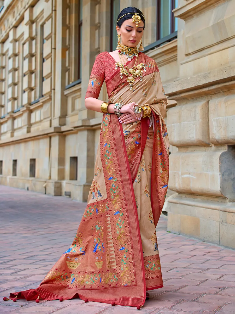 Stunning beige silk printed saree