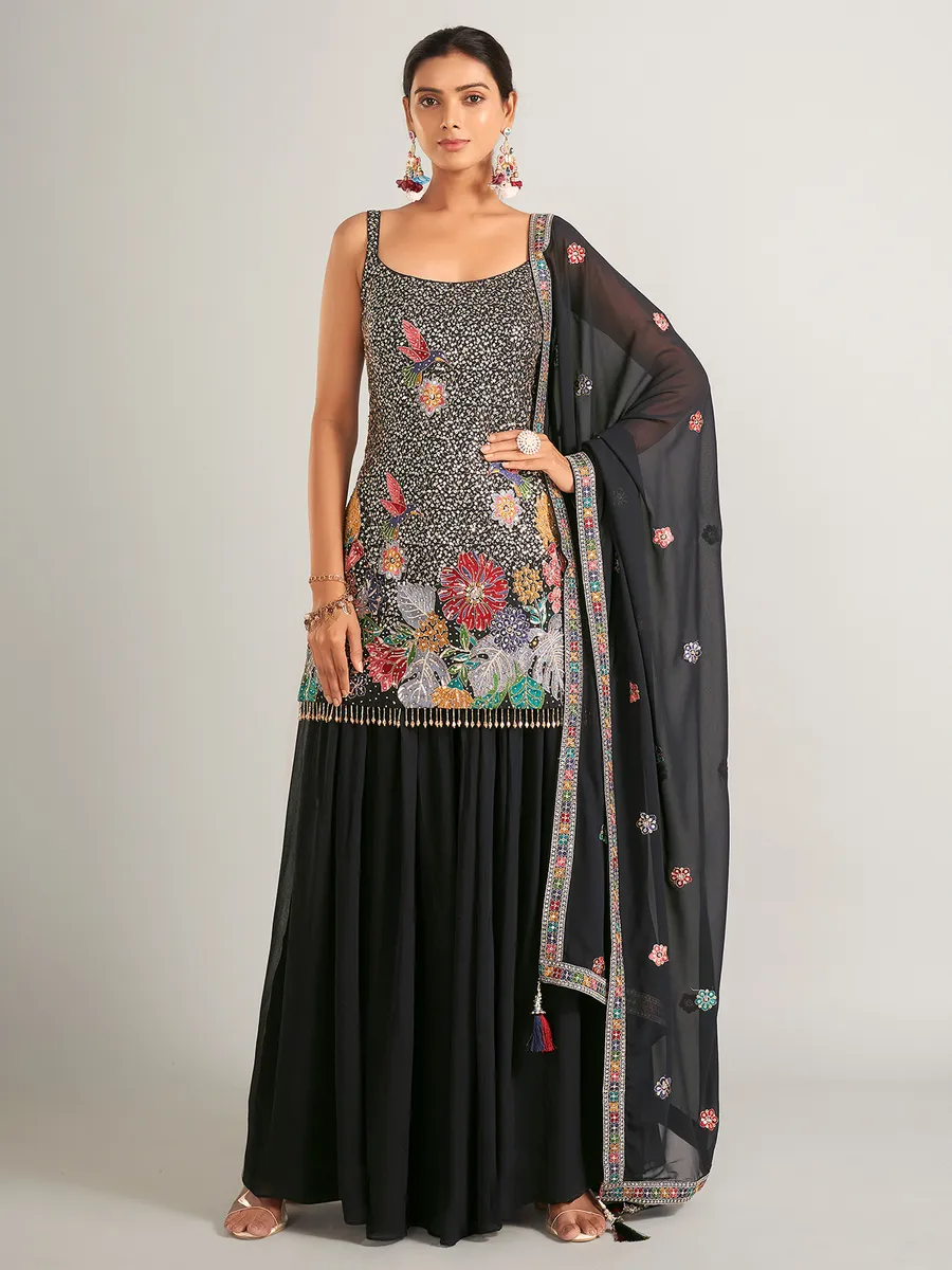 Heavy Designer Wedding Wear Georgette Salwar Suit Black Premium Silk Pant Straight main image 0
