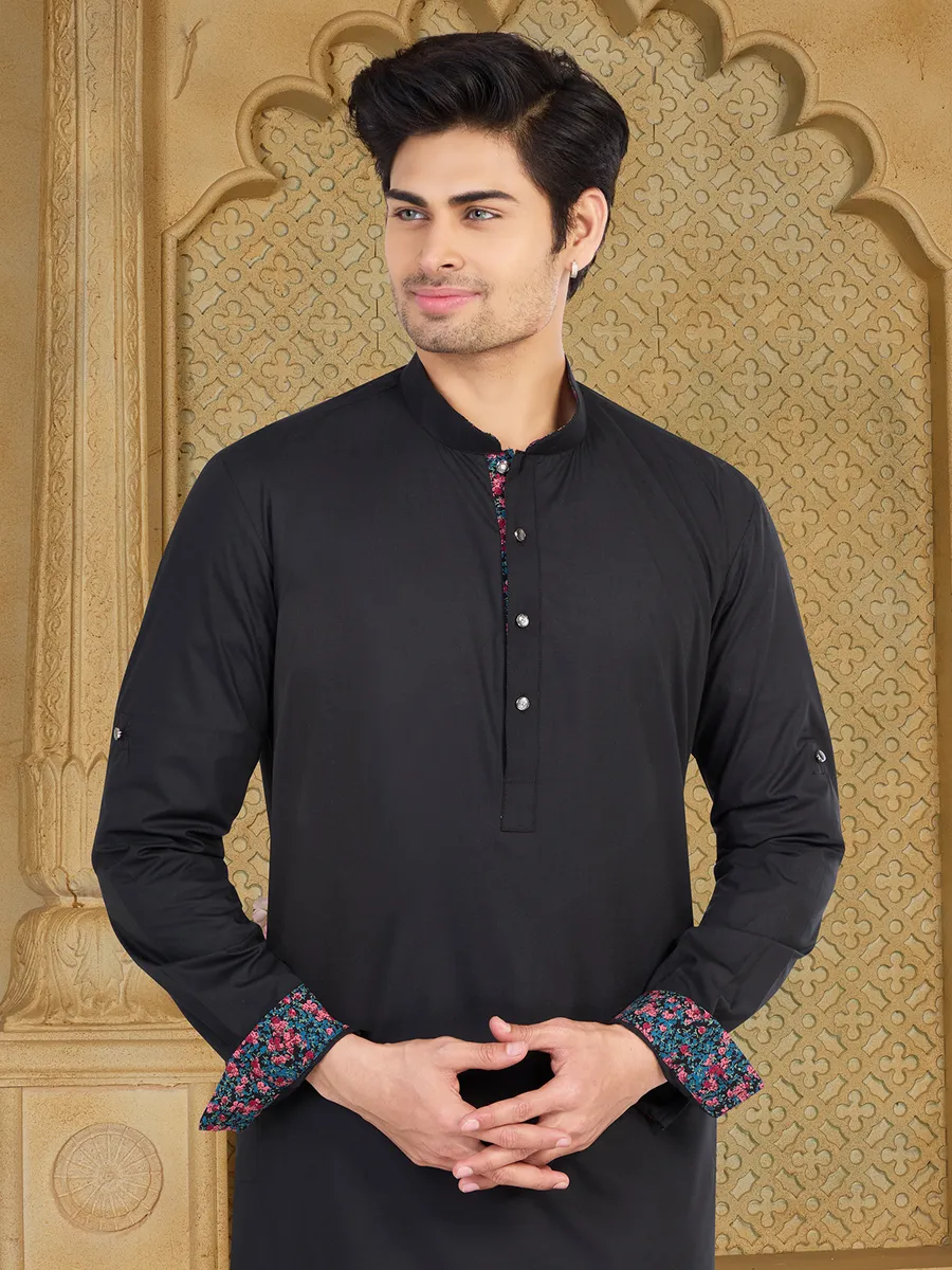 Stunning black plain cotton  Men Kurta pajama