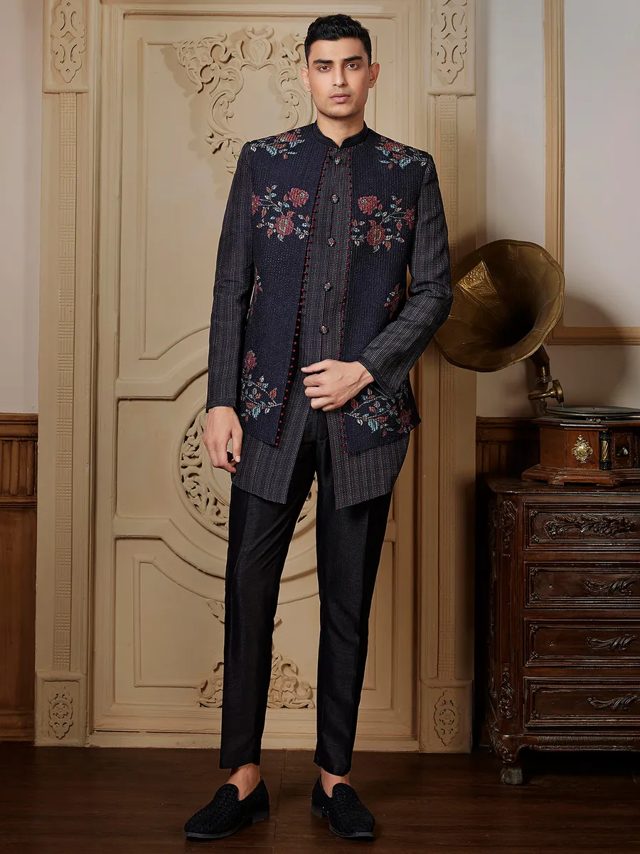 Stunning black raw silk Semi-Indowestern for men