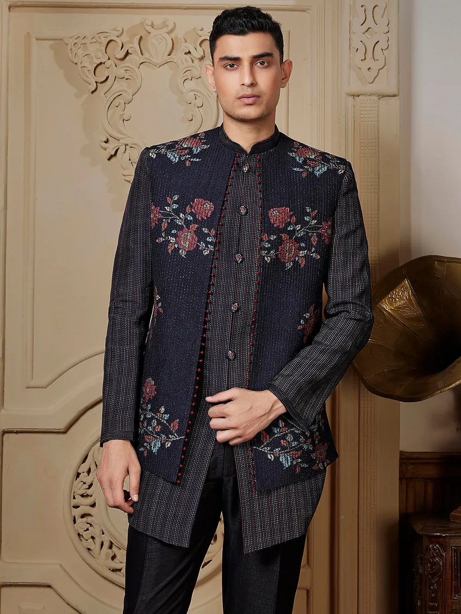 Stunning black raw silk Semi-Indowestern for men