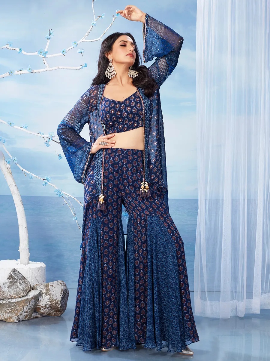 Stunning blue georgette palazzo jacket style suit